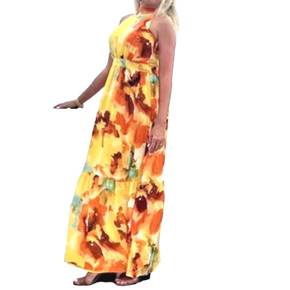 Tahari Arthur S Levine Floral Halter Tiered Maxi Dress - Yellow Orange - Size 12 - Picture 1 of 12